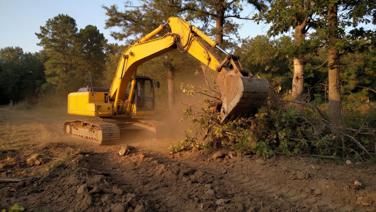 Excavator clearing hardwood brush on a rural tract
