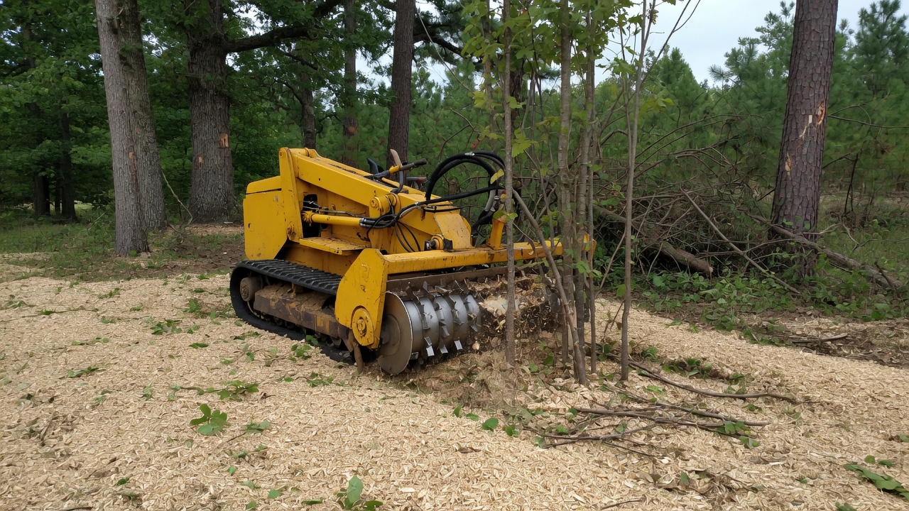 Forestry mulcher grinding small hardwoods and leaving wood chips