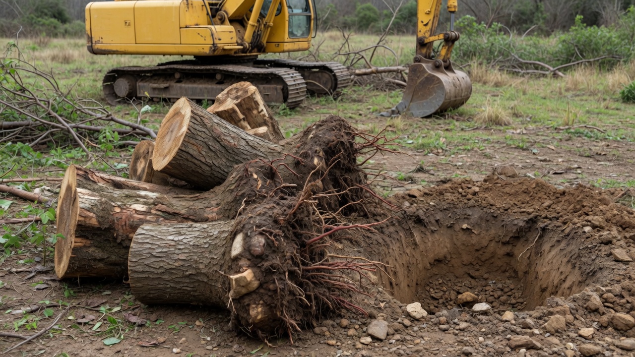 Hardwood stumps and root balls pulled out beside a hole