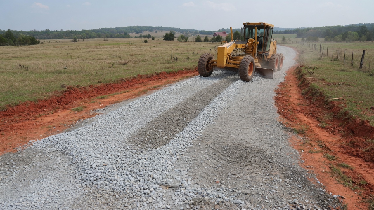 A grader shaping a gravel drive