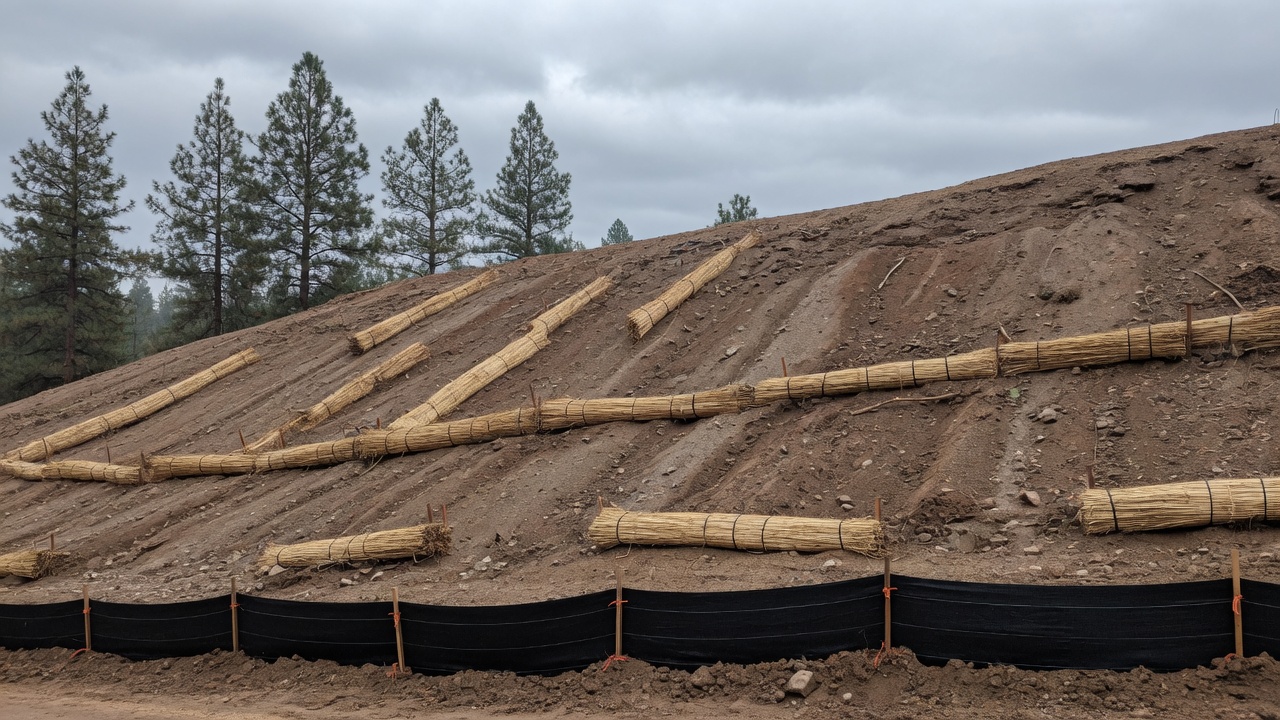 Silt fence and wattles on a bare slope