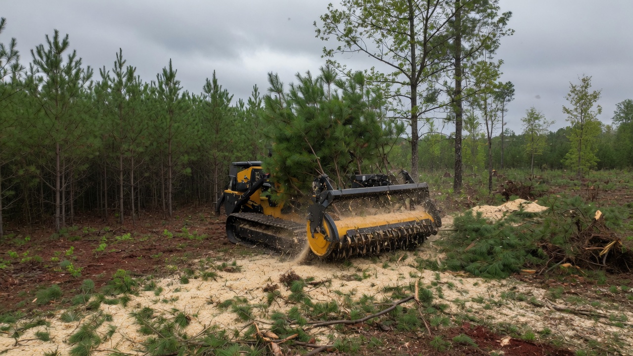 A forestry mulcher clearing pines