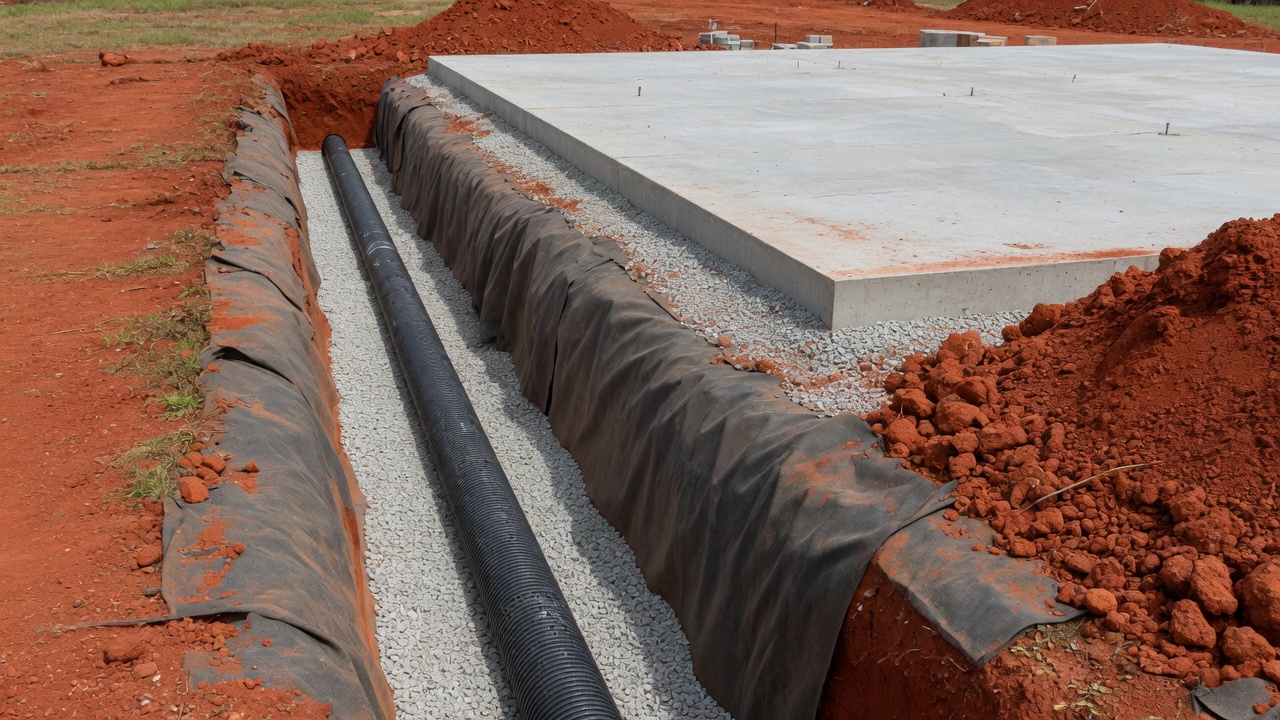 A French drain trench beside a slab