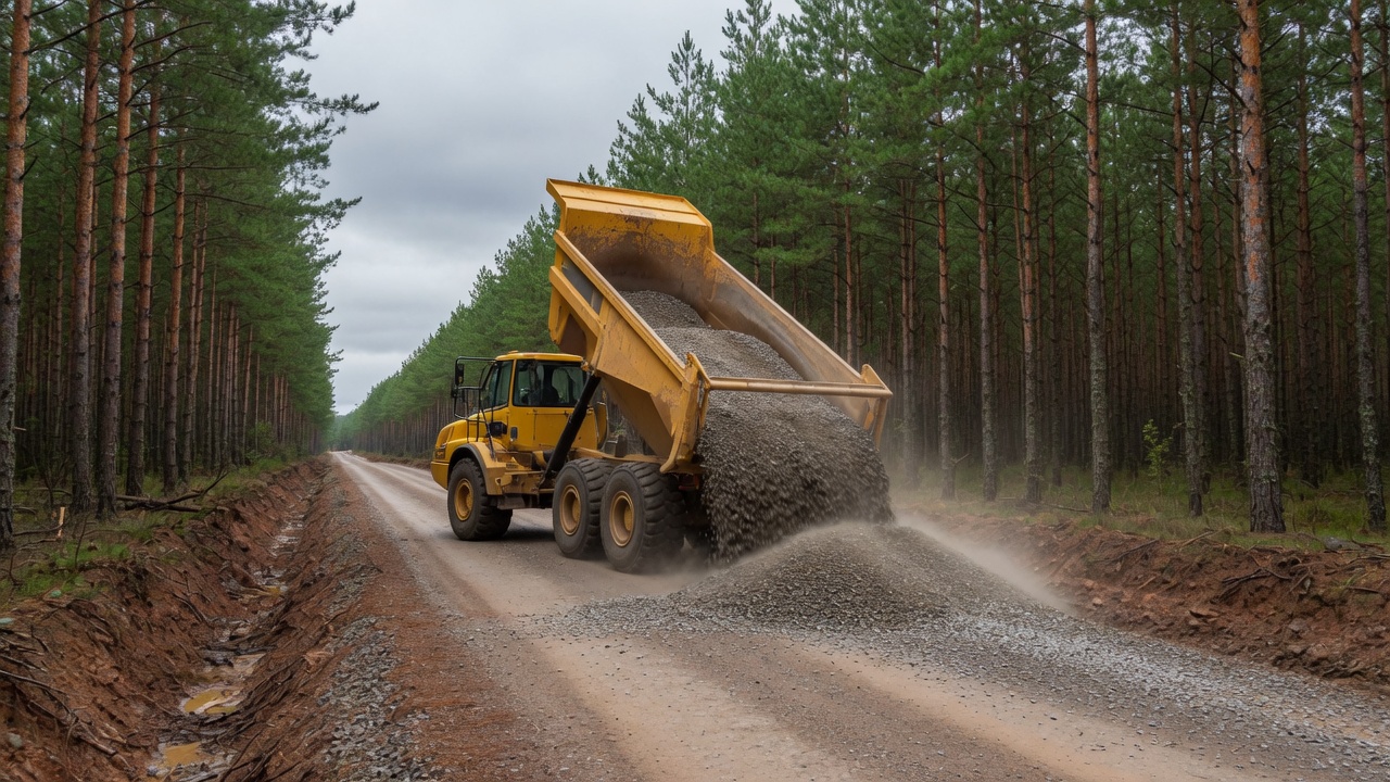 Stone being placed on a woods road